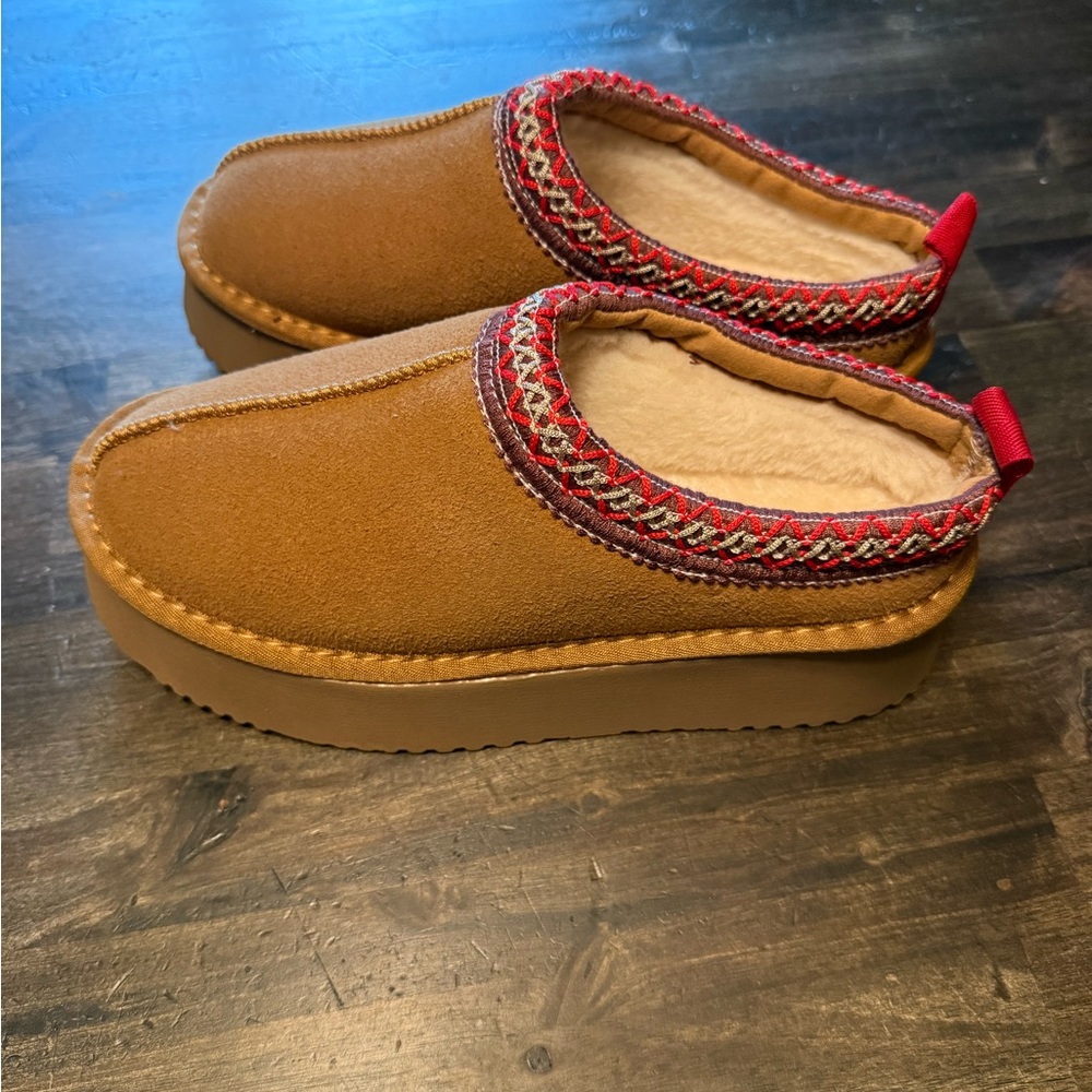 Brown Slip-On Shoes with Red Trim